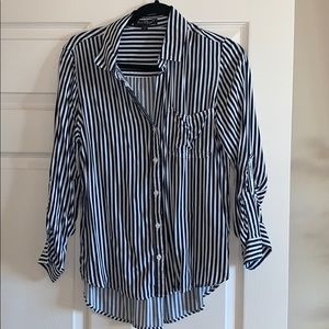 Navy blue and white striped buttoned blouse